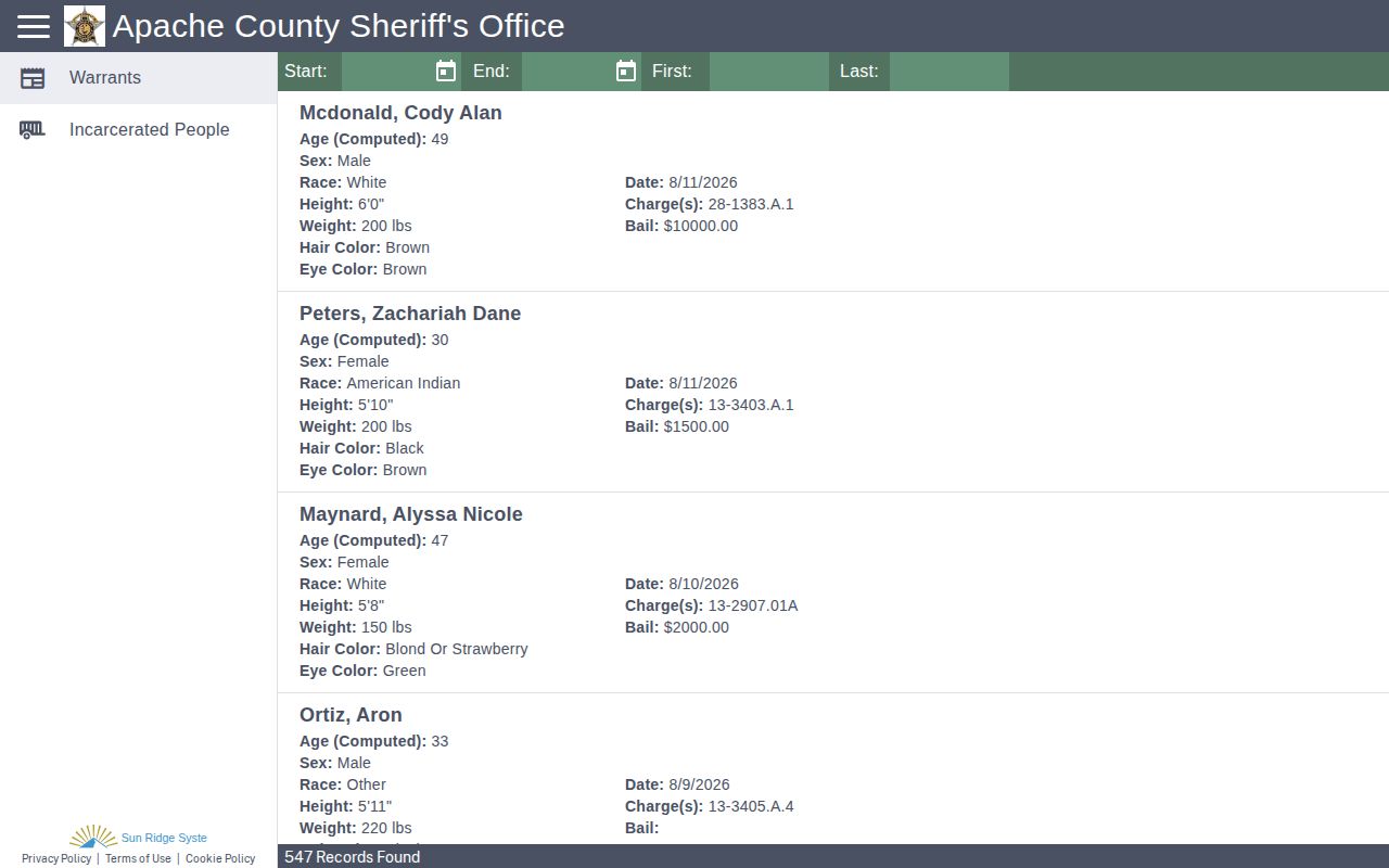 Apache County warrant record search interface