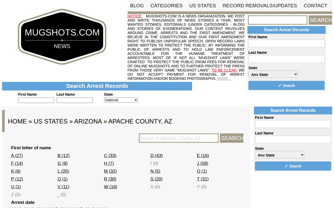 Historical unofficial Mugshots.com Apache County arrest record archive