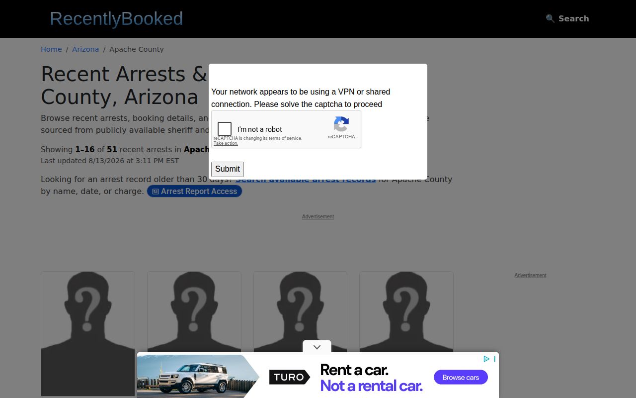 Unofficial RecentlyBooked Apache County booking record index
